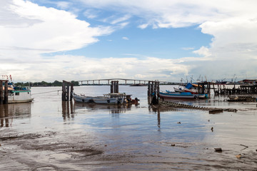 Fototapeta premium Jules Wijdenbosch bridge over Suriname river in port of Paramaribo, capital of Suriname.