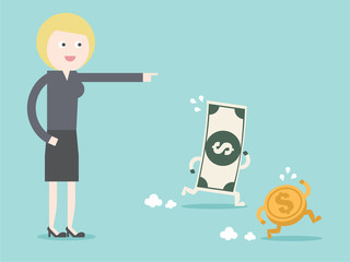 Businesswoman command money to working for. Flat design business financial marketing banking concept cartoon illustration.