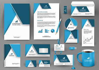 Professional blue universal branding design kit with origami element. Corporate identity template, business stationery mock-up for real estate company. Editable vector illustration: folder, mug, etc.