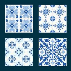 Set of vintage ceramic tiles in azulejo design with blue patterns