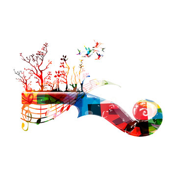 Colorful music background with violoncello pegbox and hummingbirds