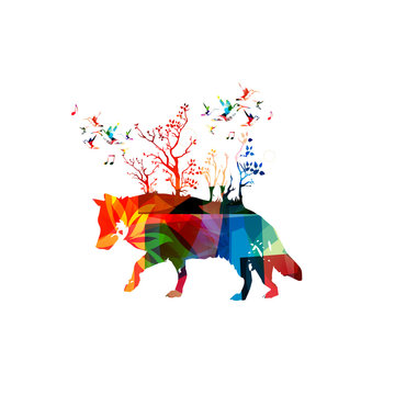 Vector illustration of colorful wolf with hummingbirds