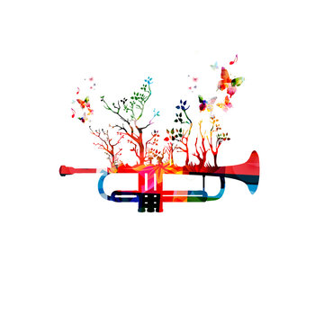 Colorful music background with trumpet and butterflies