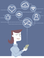 Woman with smartphone. Retro style illustration of a woman surfing the net with your smartphone.