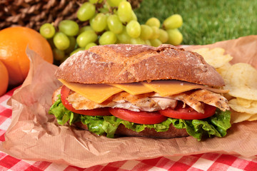 Chicken salad baguette sandwich with picnic basket