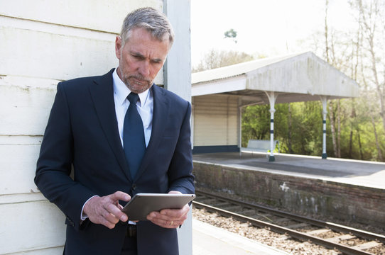 Businessman using digital tablet on railway platform