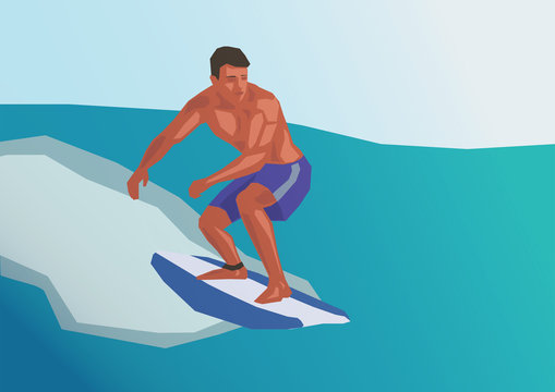 Illustration of a surfing man, simple art for web and print design appealing for vacation and wellness theme.