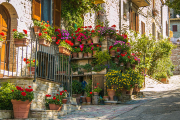 Balcone fiorito in un vicolo di Assisi