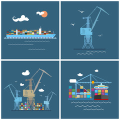 Cargo Icons, Container Ship, Crane at the Port, Unloading Containers from a Cargo Ship in a Docks with Cargo Crane, Containers and  Cranes at the Dock, International Freight Transportation, Vector 