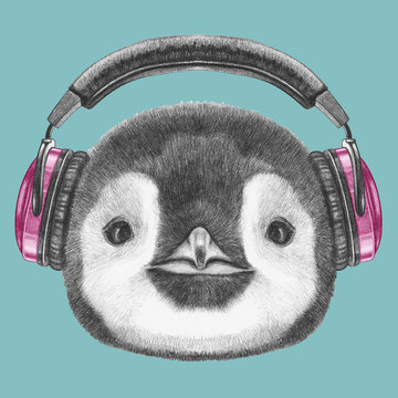 Portrait of Penguin with headphones. Hand drawn illustration.