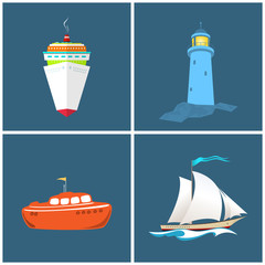 Front View of the Cruise Ship ,Lighthouse,  Sailboat , Lifeboat, Vessels and the Lighthouse, Vector Illustration