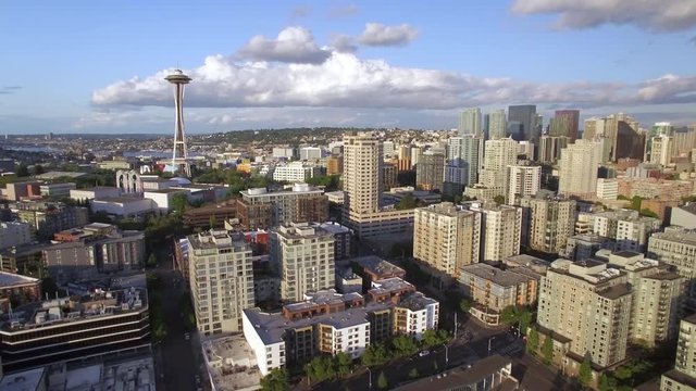 Aerial Pan of Downtown Seattle Skyline on Sunny Day