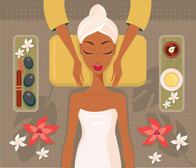 Beautiful African woman relaxing spa salon Face Body massage concept