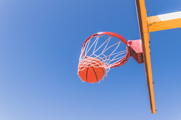 Basketball going through the basket 