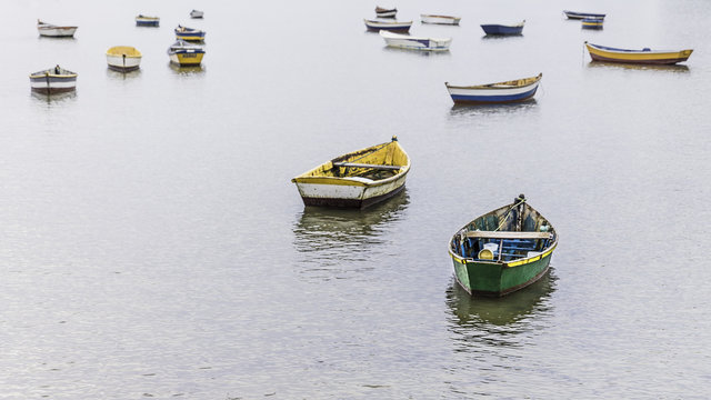 Group of anchored rowing boats, Manguinhos, Buzios, Rio de Janeiro, Brazil