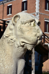 Naklejka premium Ancient byzantine lion in front of the Venetian Arsenal main gate, taken from Greece in the 17th century