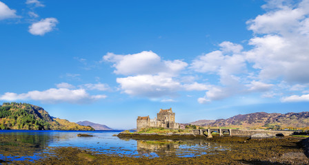 Fototapeta na wymiar Panorama of Eilean Donan Castle in Highlands of Scotland