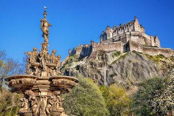 Edinburgh castle with fountain in Scotland