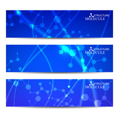 Abstract geometric banners molecule and communication. Science and technology design, structure DNA, chemistry, medical background, business and website templates. Vector illustration