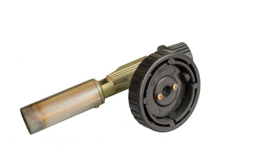 A small burner with a regulator. Bottom view. Isolated background.