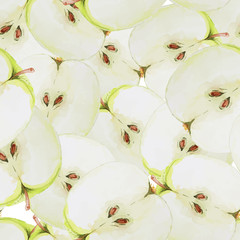 Watercolor seamless pattern with green sliced apples. Hand drawn design. Vector summer fruit illustration.
