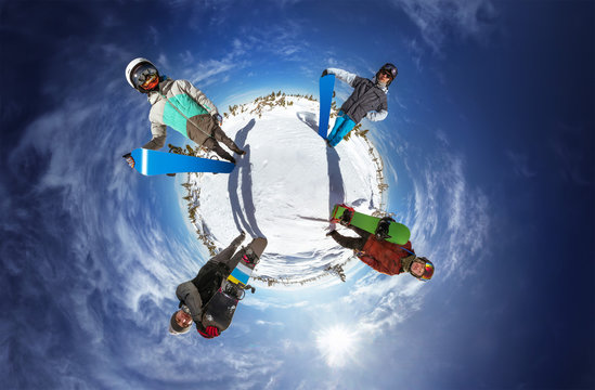 Little planet panorama of group of friends standing around the planet. Sheregesh resort, Siberia, Russia