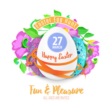 Easter egg hunt in the flowers design EPS 10 vector royalty free stock illustration for greeting card, ad, promotion, poster, flier, blog, article background