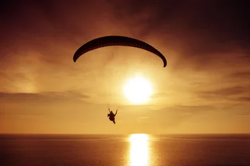 Photo sur Plexiglas Sports aériens Paraglider flies on background of the sea and sunset