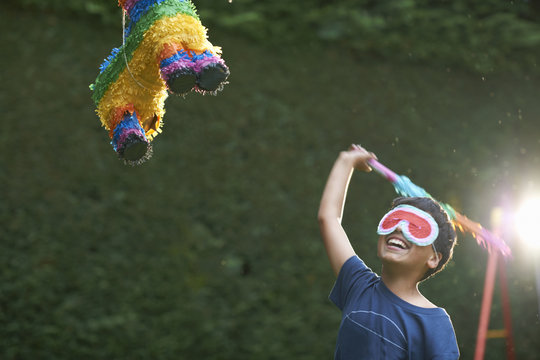 Boy playing pinata in garden