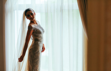 Portrait of the beautiful bride against a window indoors