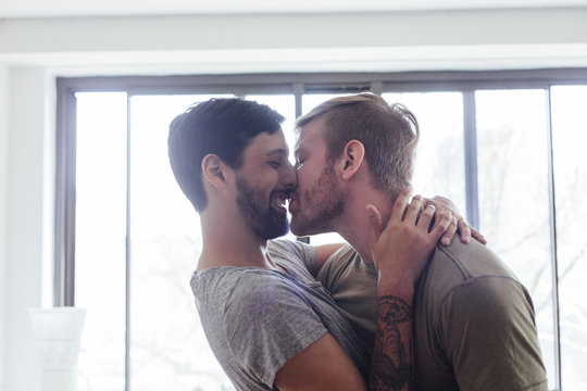 Male couple at home,fooling around, kissing and laughing