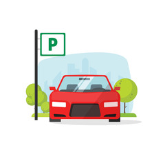 Parking lot vector illustration isolated on white, flat parking lot sign near the car parked, cartoon parking place design © vladwel