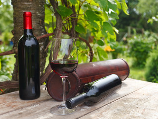  bottles and glass with red wine