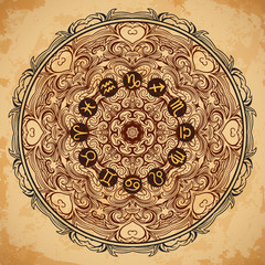 Ornate mandala and zodiac circle with horoscope signs on aged paper background. Vintage hand drawn vector illustration