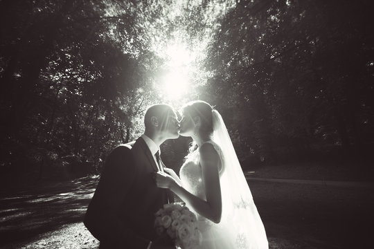 Happy bride and groom on their wedding day