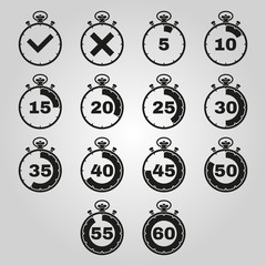 The stopwatch icon, set of 14 icons. Clock and watch, timer, countdown symbol. UI. Web. Logo. Sign. Flat design. App.