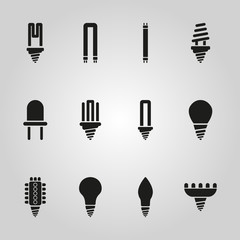 The light bulb icon, set of 12 icons. Lamp and bulb, lightbulb symbol.UI. Web. Logo. Sign. Flat design. App.