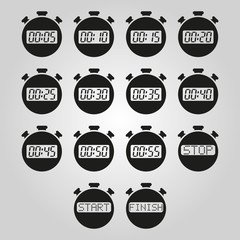 The stopwatch icon, set of 14 icons. Clock and watch, timer, countdown symbol. UI. Web. Logo. Sign. Flat design. App.
