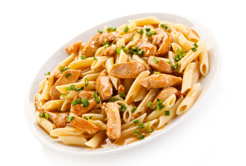 Penne with meat, sauce and vegetables 