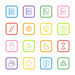 colorful line web icon set with rounded rectangle frame for web design, user interface (UI), infographic and mobile application (apps)
