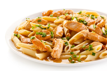 Penne with meat, sauce and vegetables 