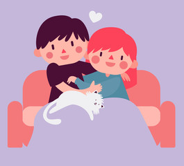 Couple Hugging on Sofa with Cat