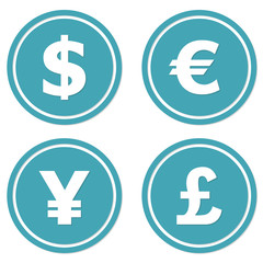 Currency icons set. Dollar, euro, yen and pound symbols. Vector illustration.