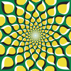 Optical illusion background. Yellow petals are moving circularly