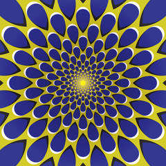 Optical illusion background. Blue drops fly away circularly from