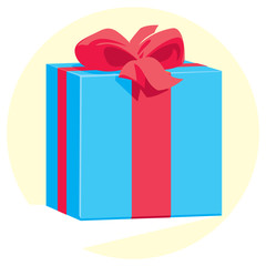 Blue gift box with a red ribbon and bow