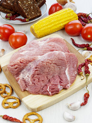 fresh pork steak on wooden Board