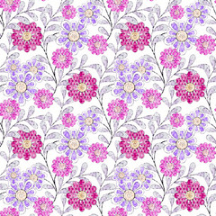 Floral seamless pattern in retro style, cute cartoon flowers white background