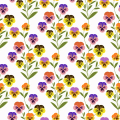 Floral seamless pattern in retro style, cute cartoon flowers white background