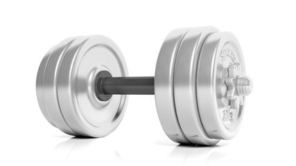 3D rendering of adjustable metallic dumbbell, isolated on white background.